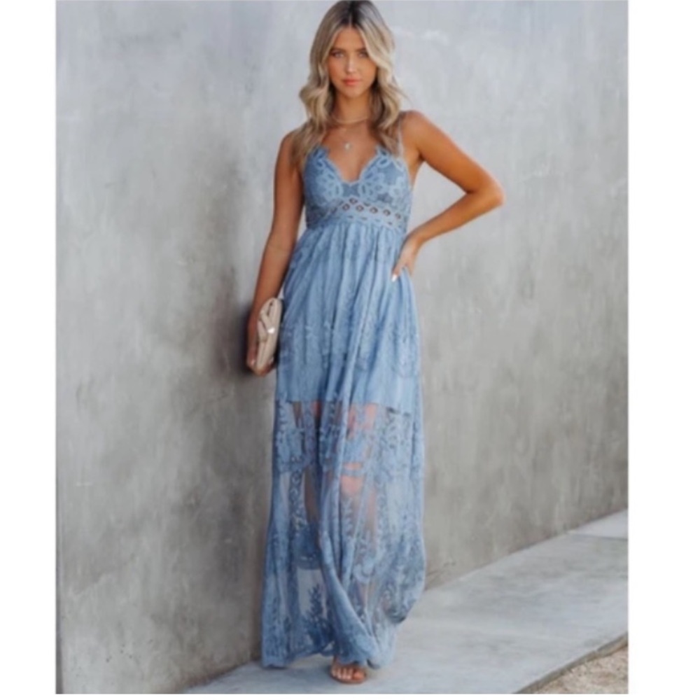 Vici Lace Maxi Dress in Dusty Blue